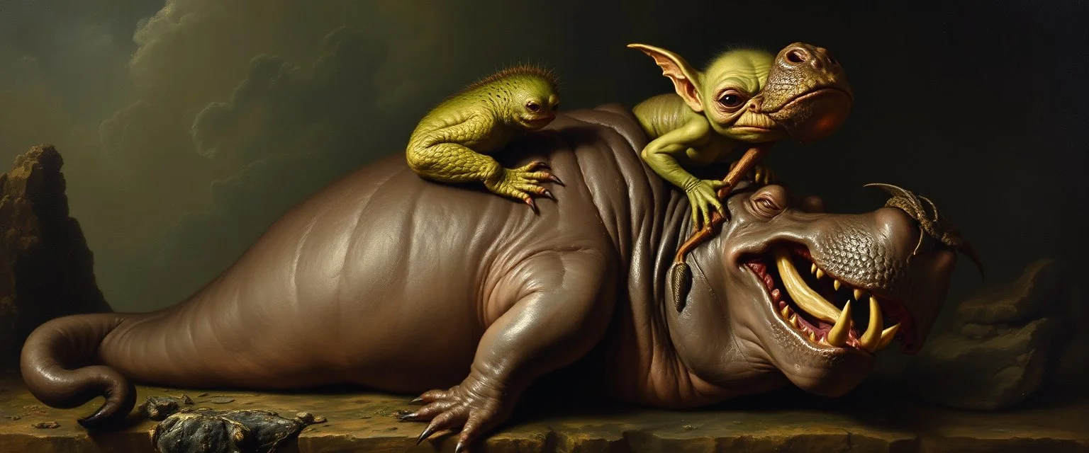 master oil painting by Rembrandt, creature from before the dinosaur alien seal gremlin munchin on a lion hippo