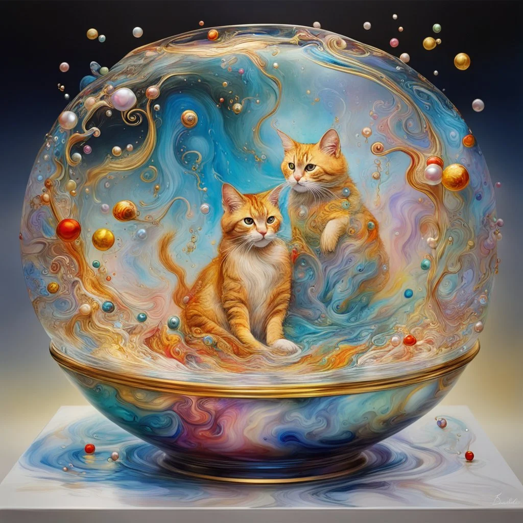 joy cats and harmony bird dreamscape in a tranculent glass bowl placed in a fontaine with smooth swirling water, many bright colorful details, golden lines, Sprinkle alcohol ink effects, Salvador Dali collaboration, flowing composition, pearls en beads, swirling effect