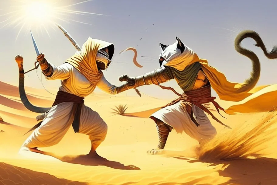 antropomorphic ninja cat fighting with a sheik in the desert in sunshine