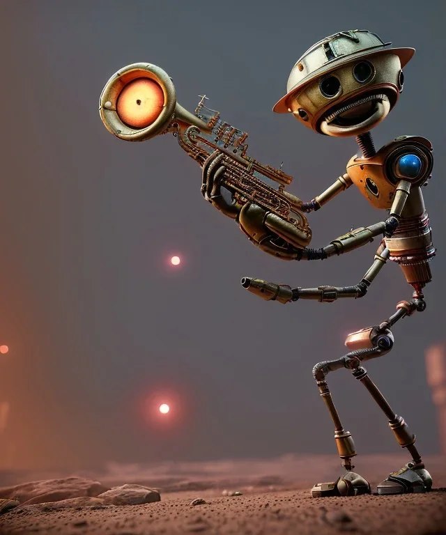 happy mechanoid person playing jazz with a steampunk theme, realistic