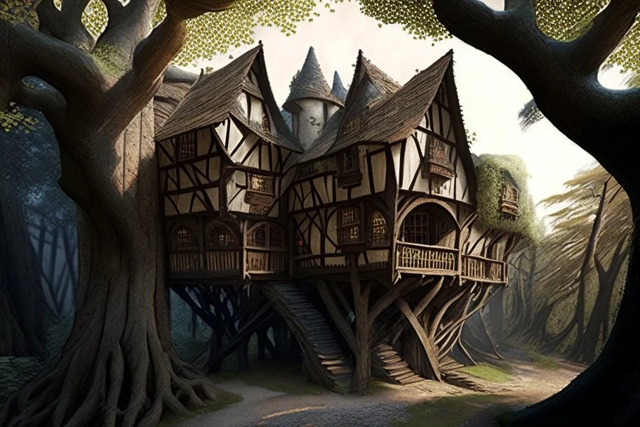 large medieval wooden treehouse, with a balcony, and a cobbled road going through the middle, in a wood, photo-realistic