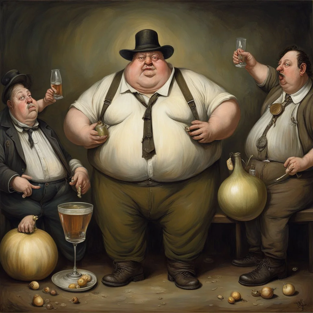 Weird obese stranger in suspenders and odd onion shaped pants engaged in some weird drinking game with anthropomorphic weirdlings, by Odd Nerdrum and Jason Limon, quirky, sinister, creepy, weirdcore