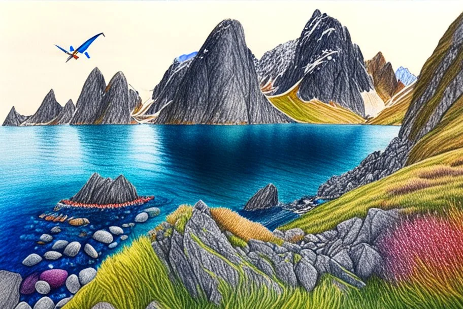 Colored pencil drawing, Very detailed, Drawing of the colorfull nature of Lofoten Island in Norway.