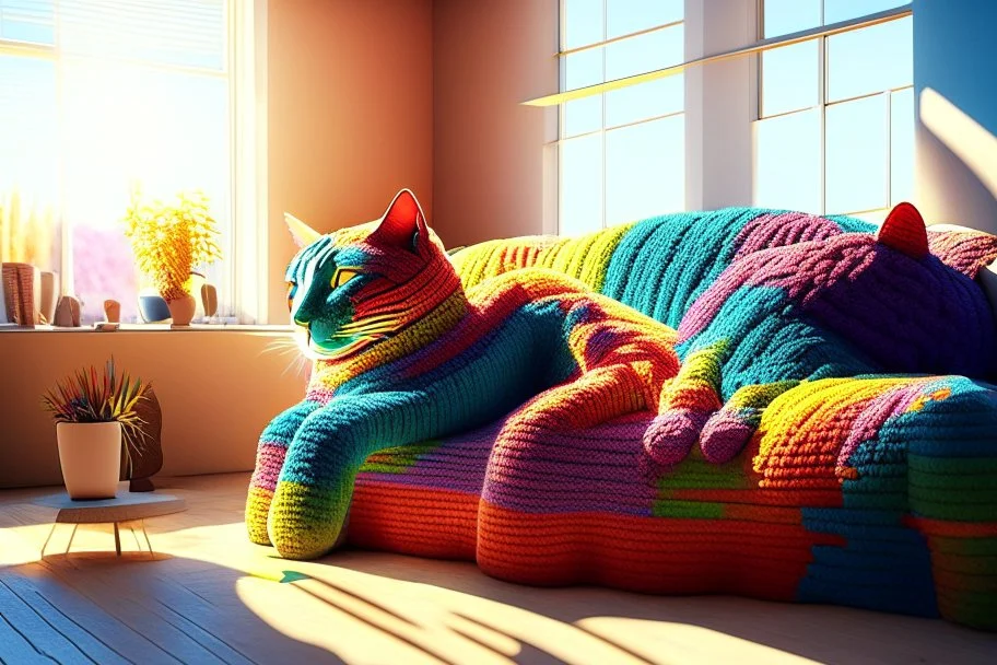 Giant knitted lifelike colorful cat sitting on a sofa in a modern room in sunshine