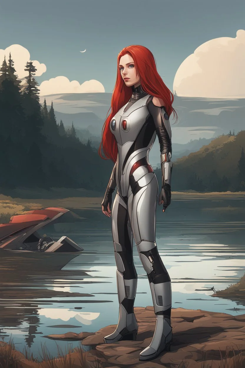 Wide-angle, full body and headshot of a skinny young woman, with long straight red hair, dressed in a robotic-looking catsuit, standing next to a lake with a crashed spaceship.