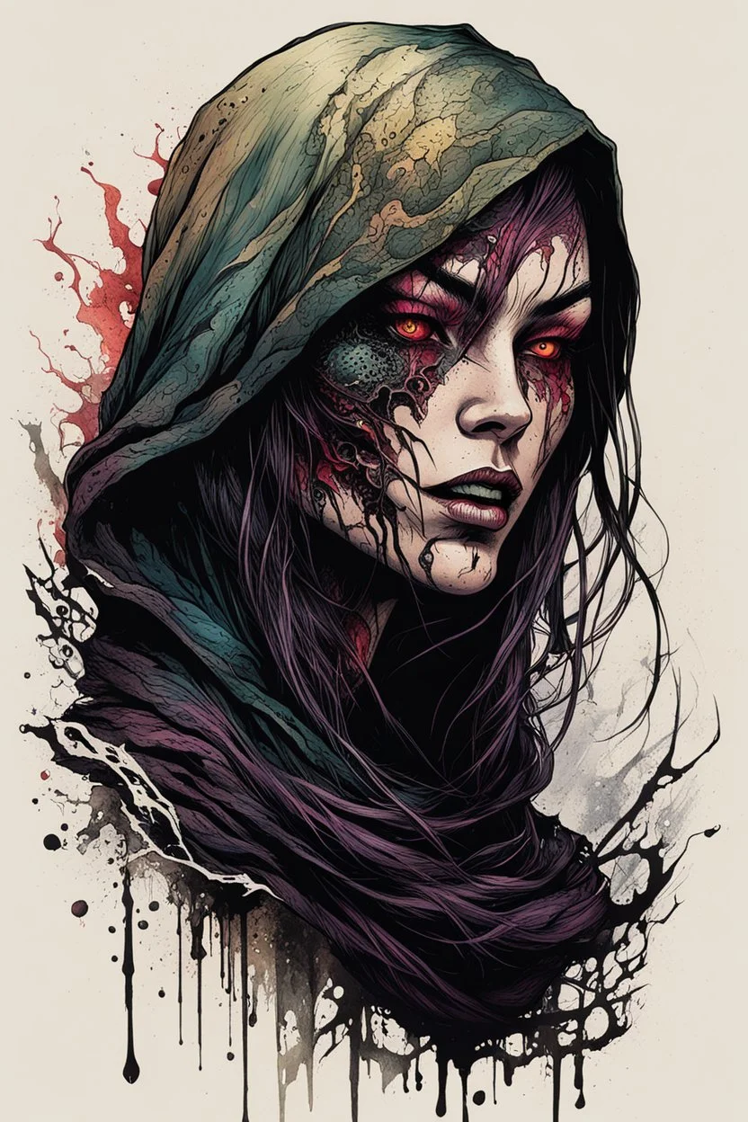 highly detailed color woodcut concept illustration of a world weary, female stealthy rogue fantasy character , maximalist, sharp focus, highest resolution, in the styles of Alex Pardee, Denis Forkas , Bill Sienkiewicz, and Masahiro Ito, boldly inked, 8k, coarse, gritty textures