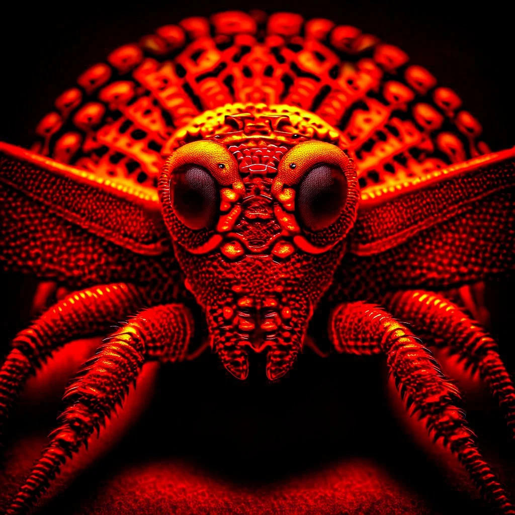 A national geographic award skin color patterned like a poisinous incect or reptile, horrorcore, science gone crazy, winning photograph of of a bat spider housefly hybrid in nature and on the hunt, 64k, reds, oranges, and yellows anatomically correct, 3d, organic surrealism, dystopian, photorealisitc, realtime, symmetrical, clean, 4 small compound eyes around two larger compound eyes, surrealism telephoto dynamic lighting 64 megapixels Unreal Engine volumetric lighting VRay