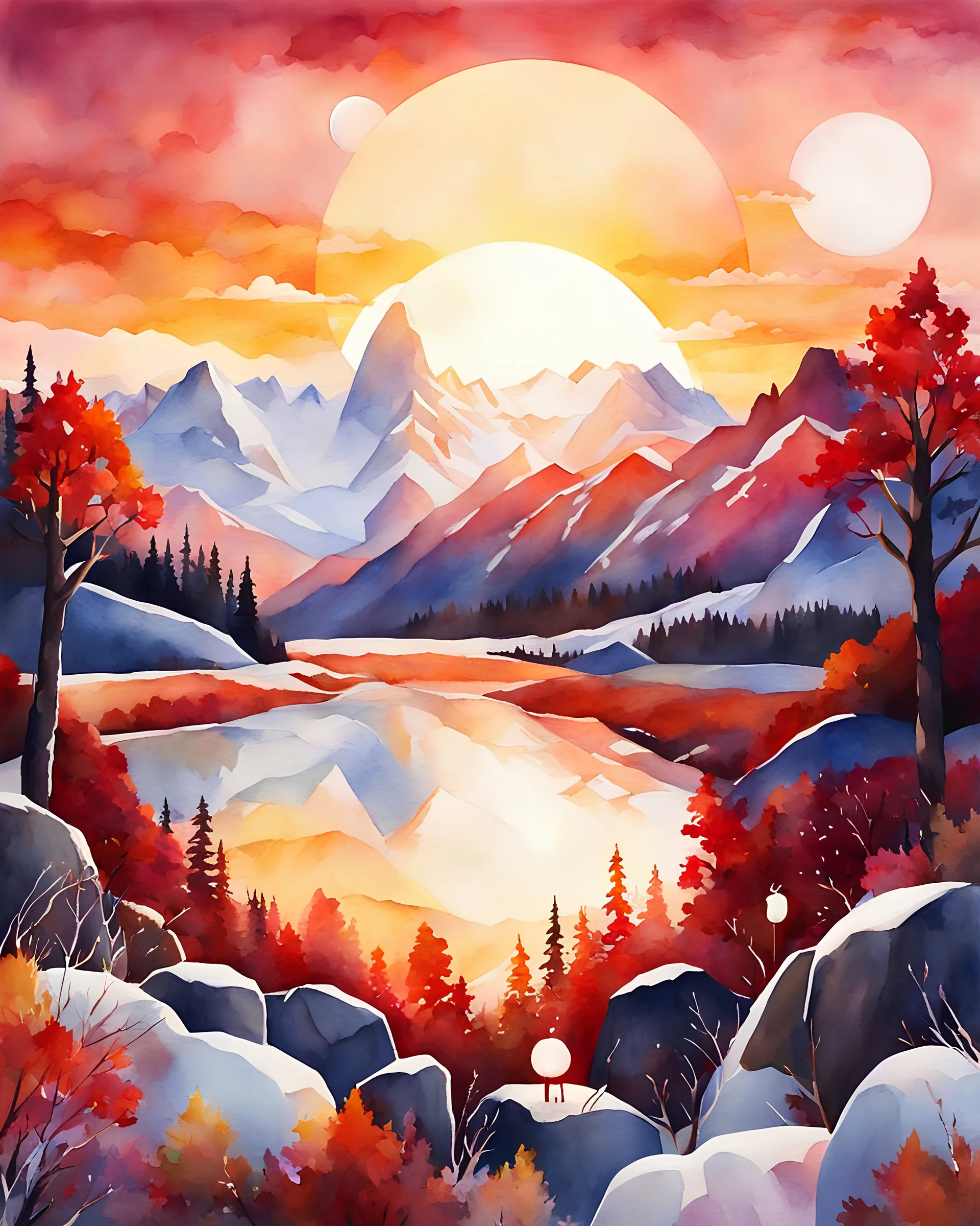 Watercolor-style sunset casting warm hues over craggy mountains, sun reimagined as a Canadian maple within a crisp white circle outlined in red, adjacent to a whimsical castle constructed from marshmallows and joined by toothpicks, inhabited by cat-like figures crafted from marshmallows, playful shadows, golden hour light, ultra fine detail, digital painting.