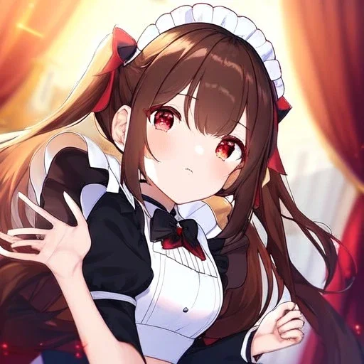 Clear focus, High resolution, Rough line, cute, anime style, red eyes, sparkling eyes, brown hair, red eyes, wearing a maid outfit, long twin tails, long bangs,choppy long bangs