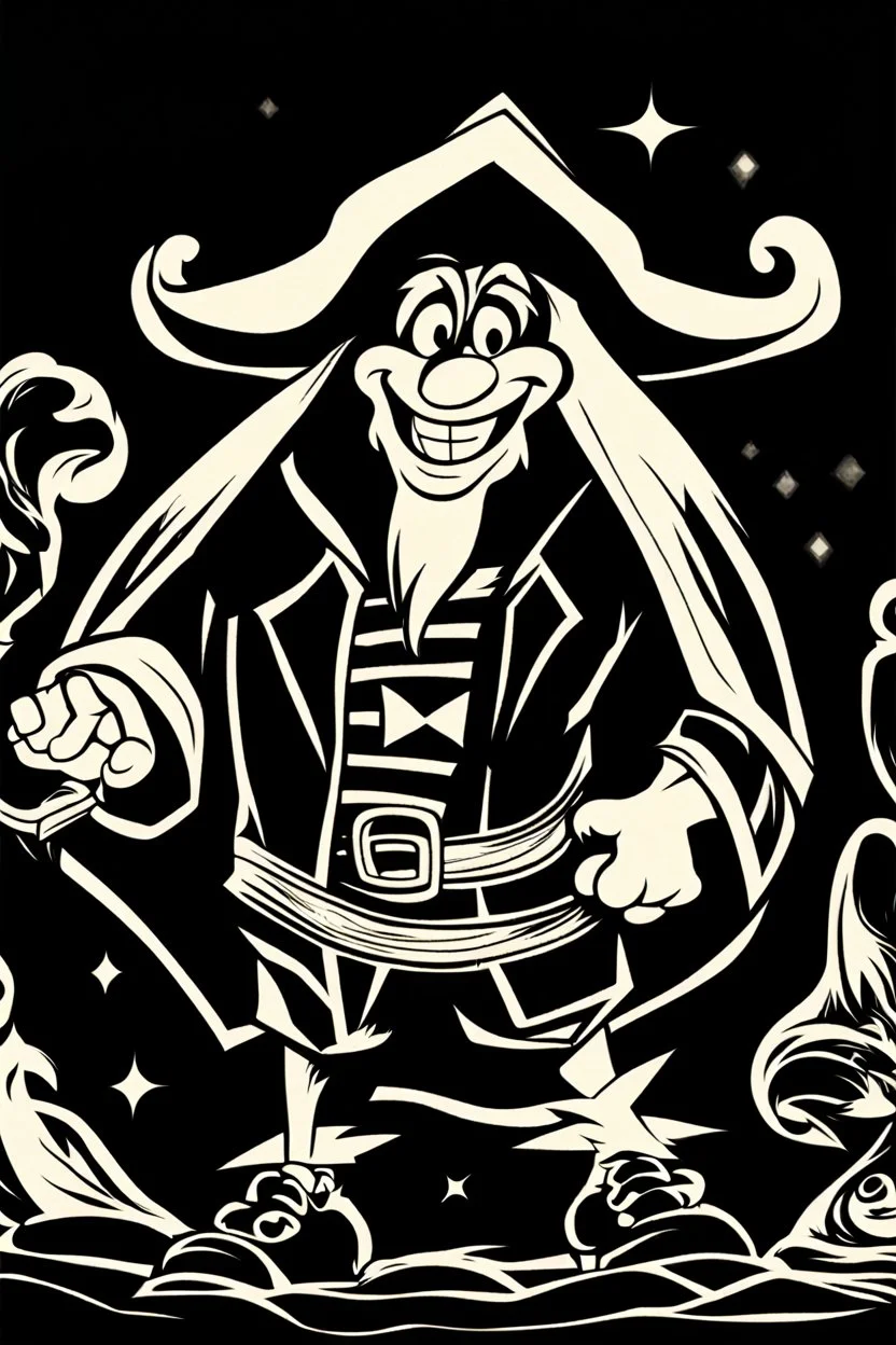 1970s goofy character of a pirate wearing a black hooded cloak, drawn in a early animation style, inside a lighter diamond shape on a black background, monochromatic