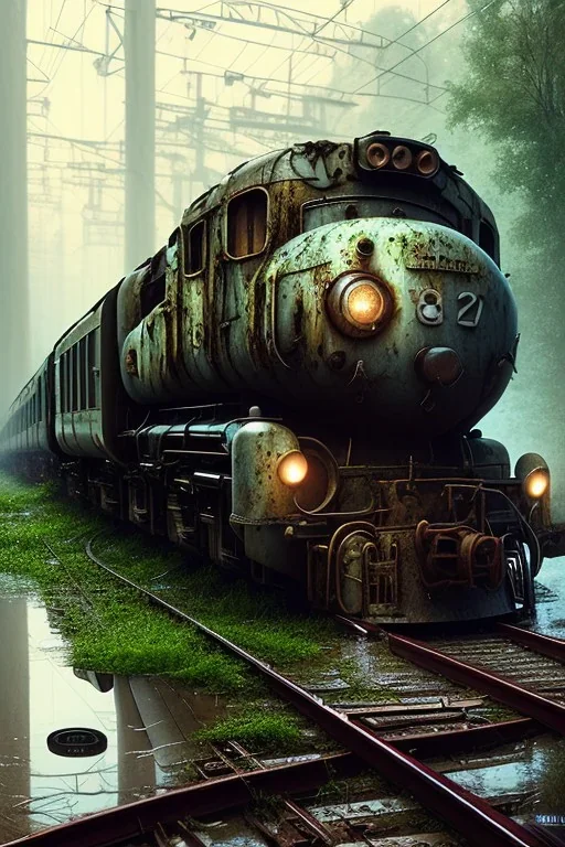 warrior in front, an abandoned train on tracks overgrown by nature with large puddles of water flooding part of tracks in background, 8k resolution, high-quality, fine-detail, intricate, digital art, detailed matte, volumetric lighting, illustration, 3D octane render, brian froud, howard lyon, selina french, anna dittmann, annie stokes, lisa parker, greg rutowski