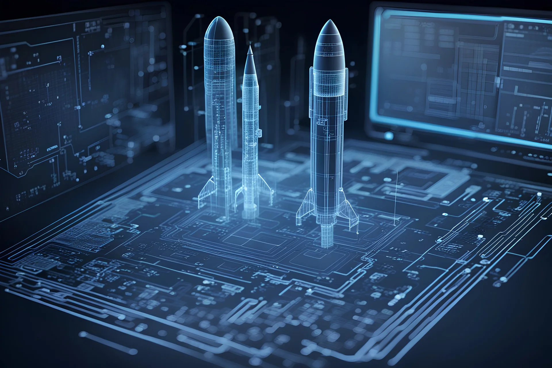 generate a desktop wallpaper, electronic, circuit board blueprint, 3D hologram blueprint of a detailed multi-stage rocket, and statistics. graphs, scale comparison to person