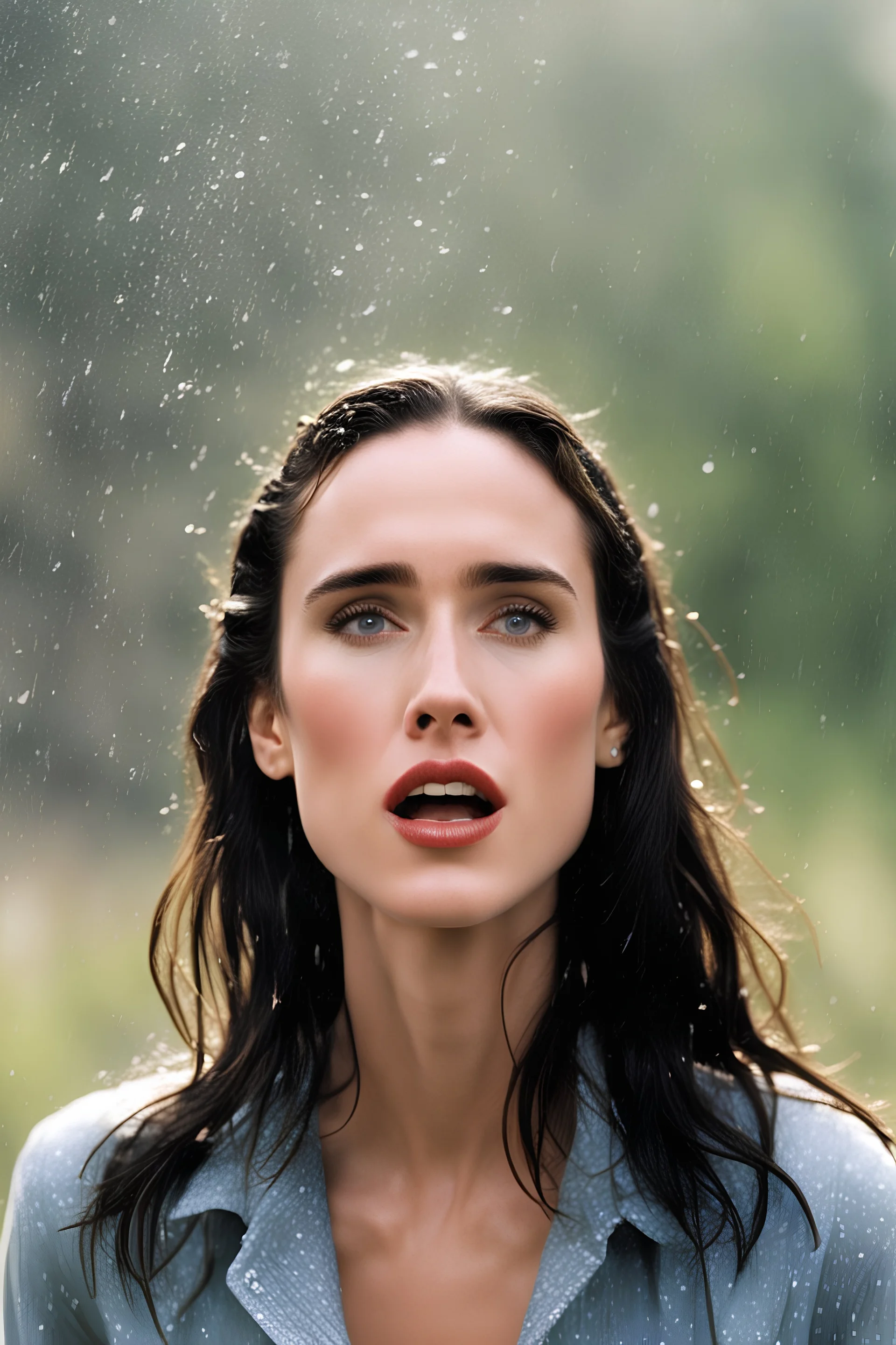 Beautiful 25 year-old Jennifer Connelly is standing outside in a rain shower with no rain-coat, umbrella, or hat on, with her head tilted up to the sky, her tongue sticking out and catching raindrops, as if reliving a childhood memory.