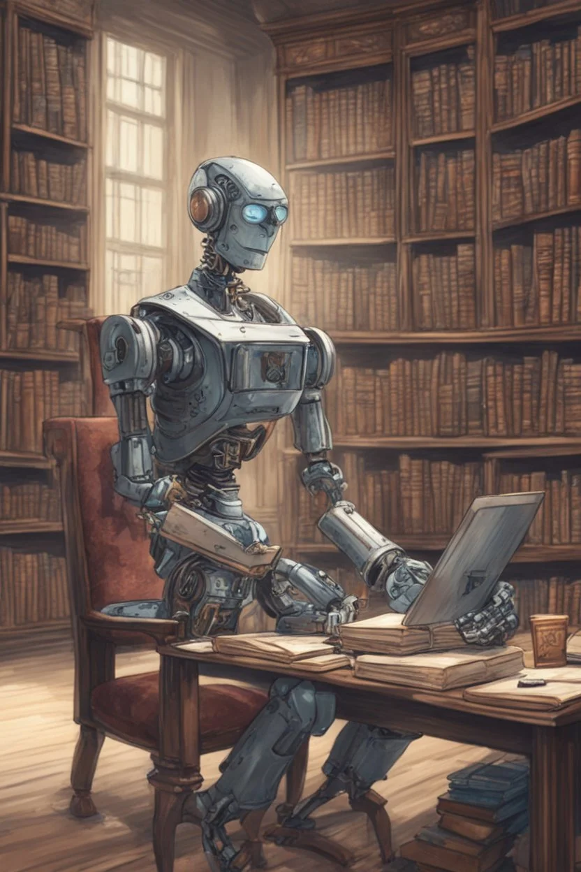 A huge library is serviced by computers, and there are many books on the shelves. The robot is sitting on a chair at the table and holding an antique book in his hands. Expression. High-quality drawing, 8K