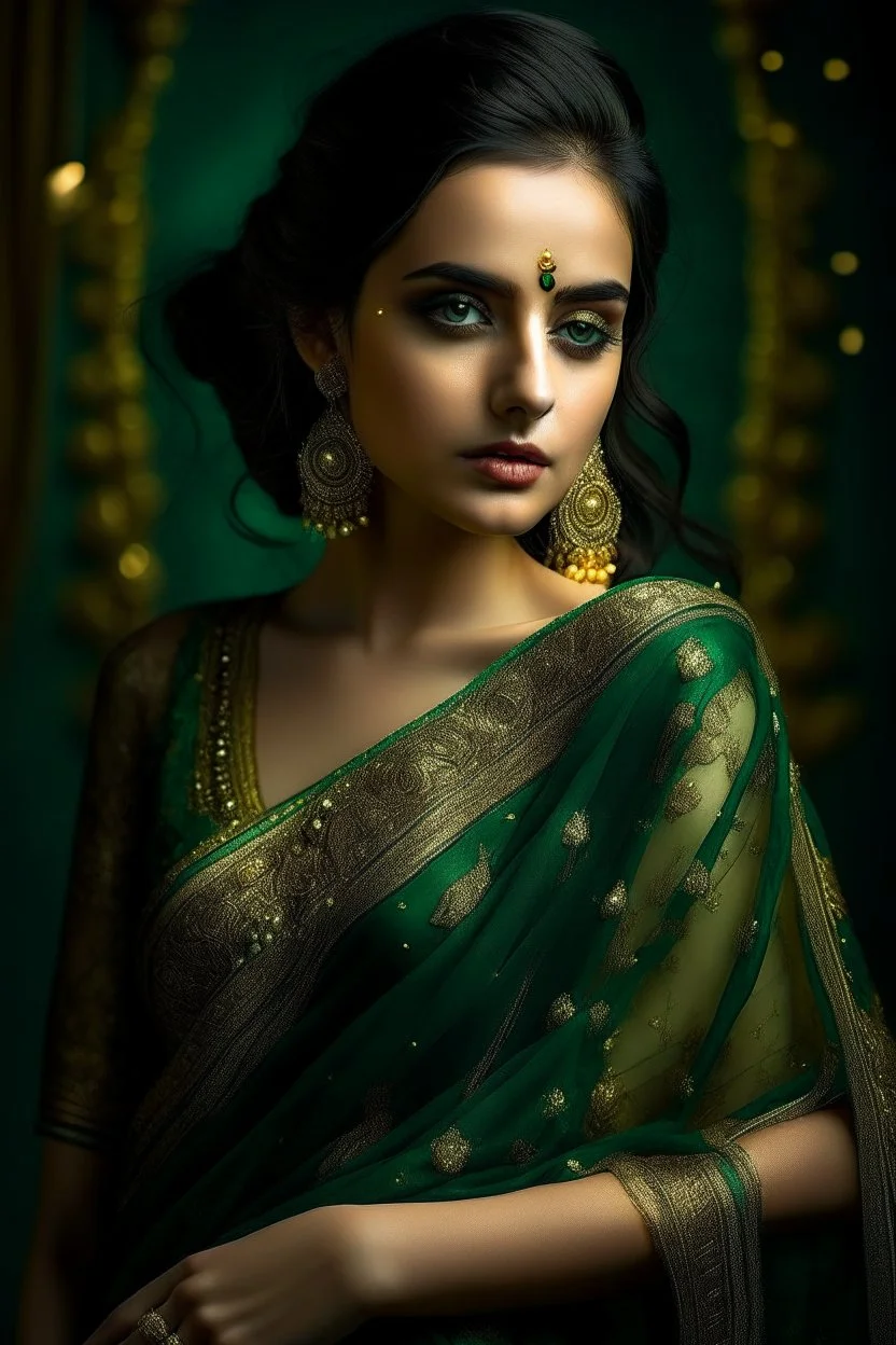 A stunningly enchanting woman with dark green eyes, draped in a shimmery green chiffon saree adorned with sparkling golden yellow sequins forming intricate floral patterns. The image is a photograph capturing the luxurious elegance and beauty of the subject. Every detail shines with a luminous allure, showcasing the impeccable craftsmanship and opulent design of the attire. The overall aesthetic exudes a sense of enchantment and sophistication, making it a truly mesmerizing piece of art.