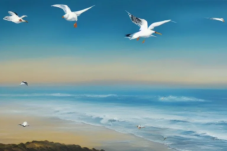 seagulls flying over the sea in the evening, oil painting deviant art wallpaper