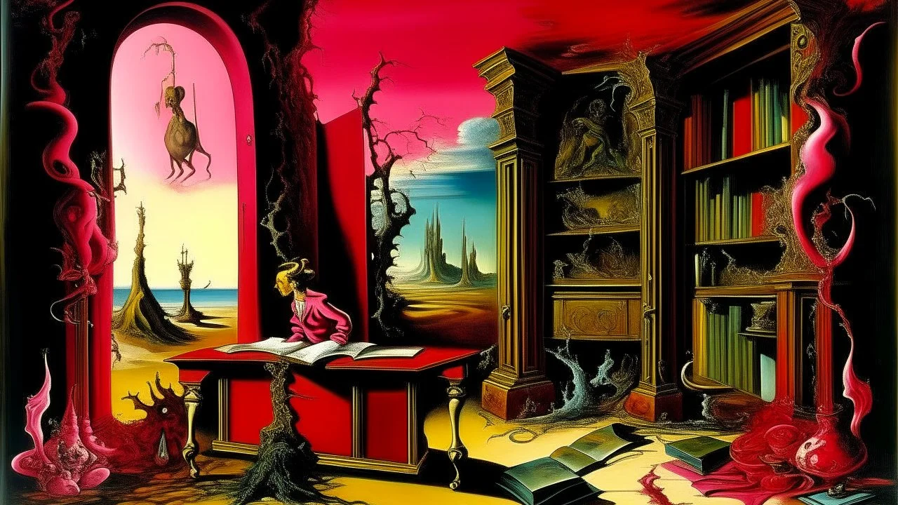 A magenta arcane library painted by Salvador Dali