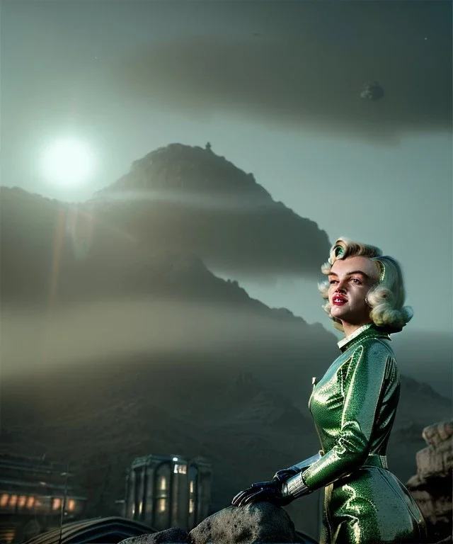 Ultra Realistic retro sci-fi 1960 scene, waist up view portrait, blonde woman, sweet young Marilyn Monroe face, perfect iris, tight latex coat, Strange planet background, Retro sci-fi style latex helmet, fog, rain, soft color, highly detailed, unreal engine 5, ray tracing, RTX, lumen lighting, ultra detail, volumetric lighting, 3d, finely drawn, high definition, high resolution.