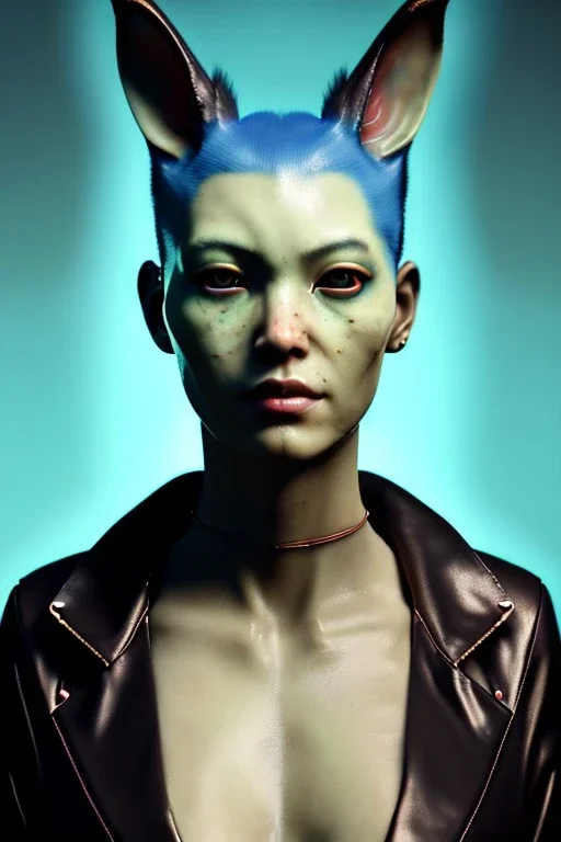 Medium Close Up Portrait, Front image. cyberpunk, rabbit mask, asian woman, long hair. Latex suit army. white, yellow, color. Wolverine style. Color background, photo studio. Avatar image, highly detailed, concept art, smooth, unreal engine 5, ray tracing, RTX, lumen lighting, ultra detail, volumetric lighting, 3d, finely drawn, high definition, high resolution.