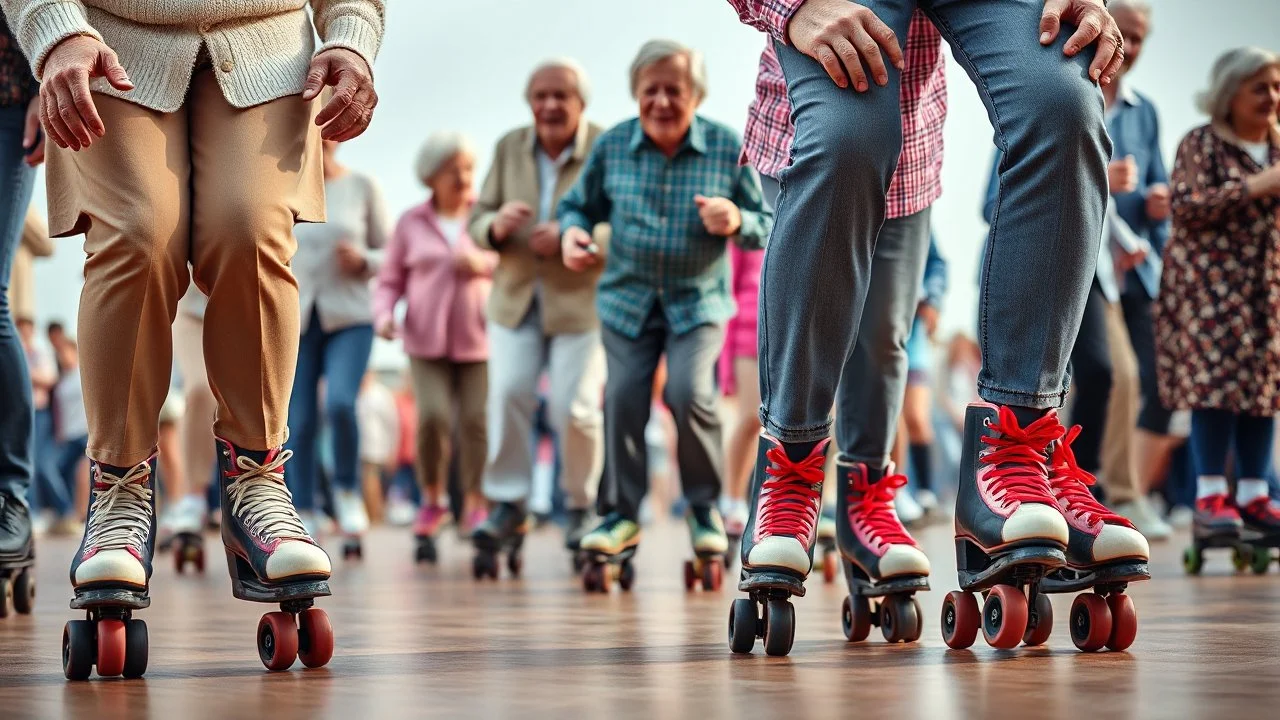 Elderly pensioners on roller skates. Feet and skates are in the picture. Everyone is happy. Photographic quality and detail, award-winning image, beautiful composition. 28mm lens.