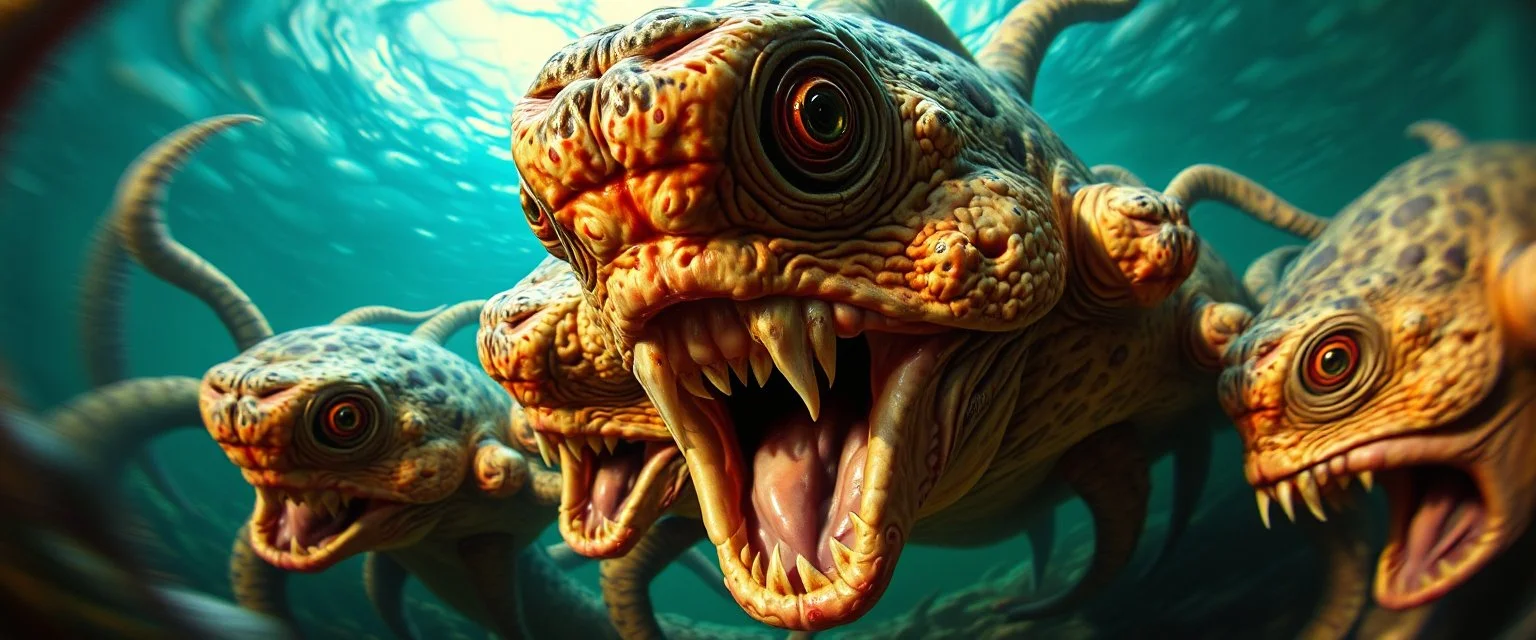 master oil painting by Rembrandt, good afternoon echohydra "A many-headed aquatic horror with sensitive, elongated heads, each reacting independently to sound, covered in slimy, mottled scales, eyes that bulge unpredictably, mouths open as if whispering in multiple languages, vibrating with predatory anticipation." pin hole cam picture, twisted perspective, goa trance music poster, awake within a psychedelic mushroom dream, with some motion blur background, and hyper depth perception layout