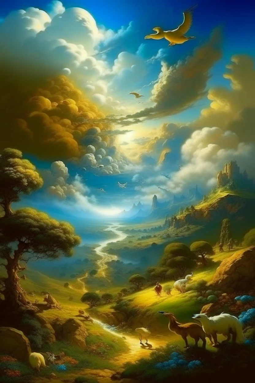 The creation of the world by God. In front of us is a valley with a beautiful landscape, where beautiful animals roam, beautiful birds fly in the sky, beautiful clouds and God in the clouds