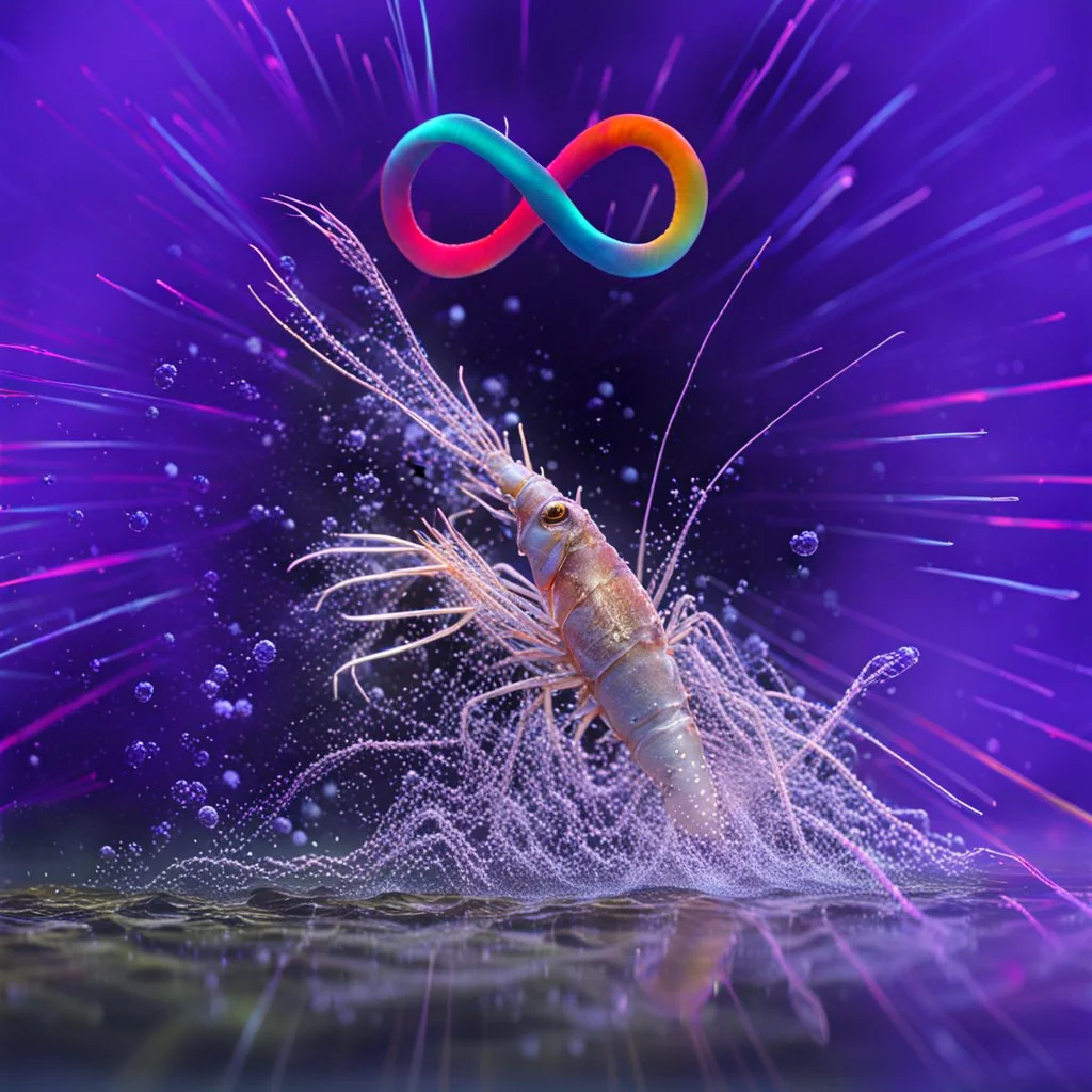 infinity symbol ∞ with vibrant powerful single prawn coming out of the water, striking, neon, chiaroscuro, dramatic, captivating, powerful, fantasy, beautiful, octane render, 16k post-production, artstation: award-winning: atmospheric: commanding: fantastical: clarity: ultra quality: striking: brilliance: stunning colors: amazing depth; lens: f/11, 35mm