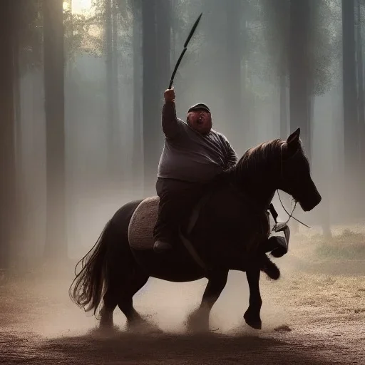 Fat guy on a horse in dark and scary place fighting with enemy