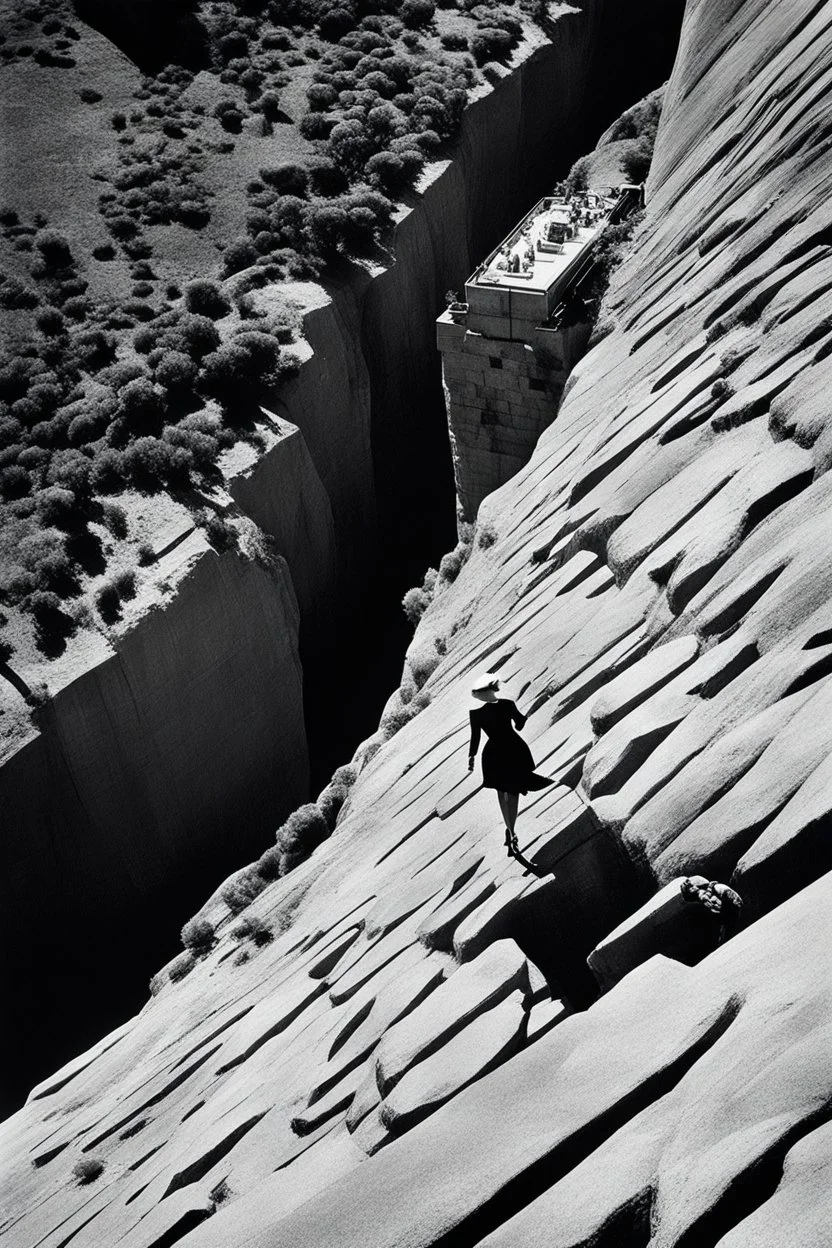 upper view of the iconic cliff of Vertigo [Boop-Boop-Be-Doop photo by helmut newton] she looks down