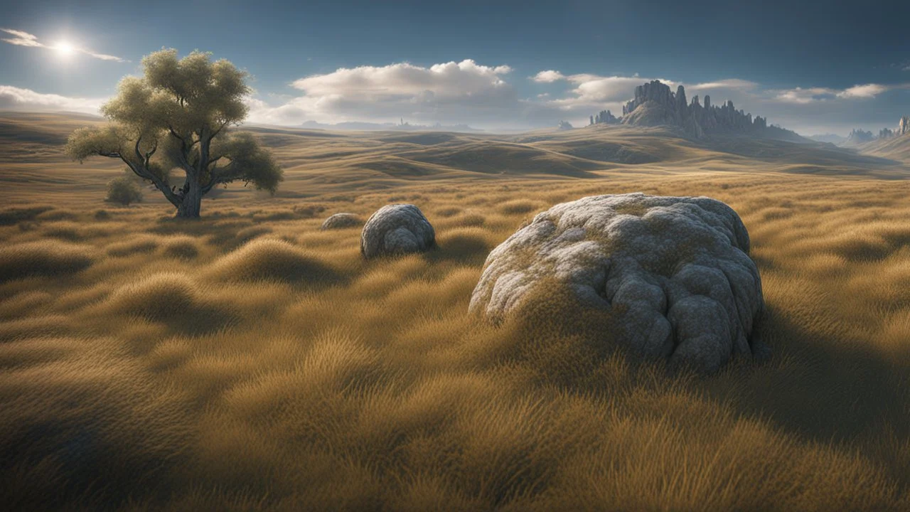 An endless steppe. hills to the right. The hills is densely covered in whit oaks. fantasy concept art, exquisite realism, a masterpiece, dynamic lighting, hyperdetailed, intricately detailed, deep color, Unreal Engine, volumetric lighting , Epic cinematic brilliant stunning intricate meticulously detailed dramatic atmospheric maximal,