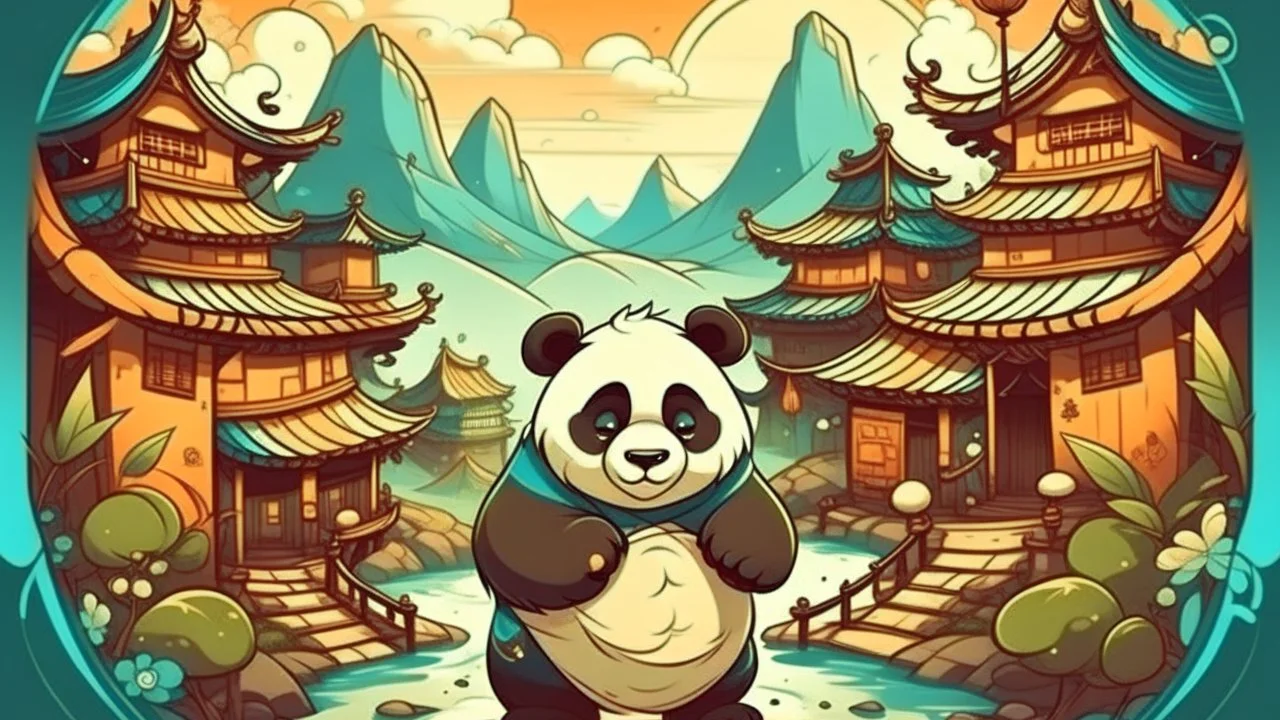 fantasy cartoon style illustration: wise panda in a chinese village