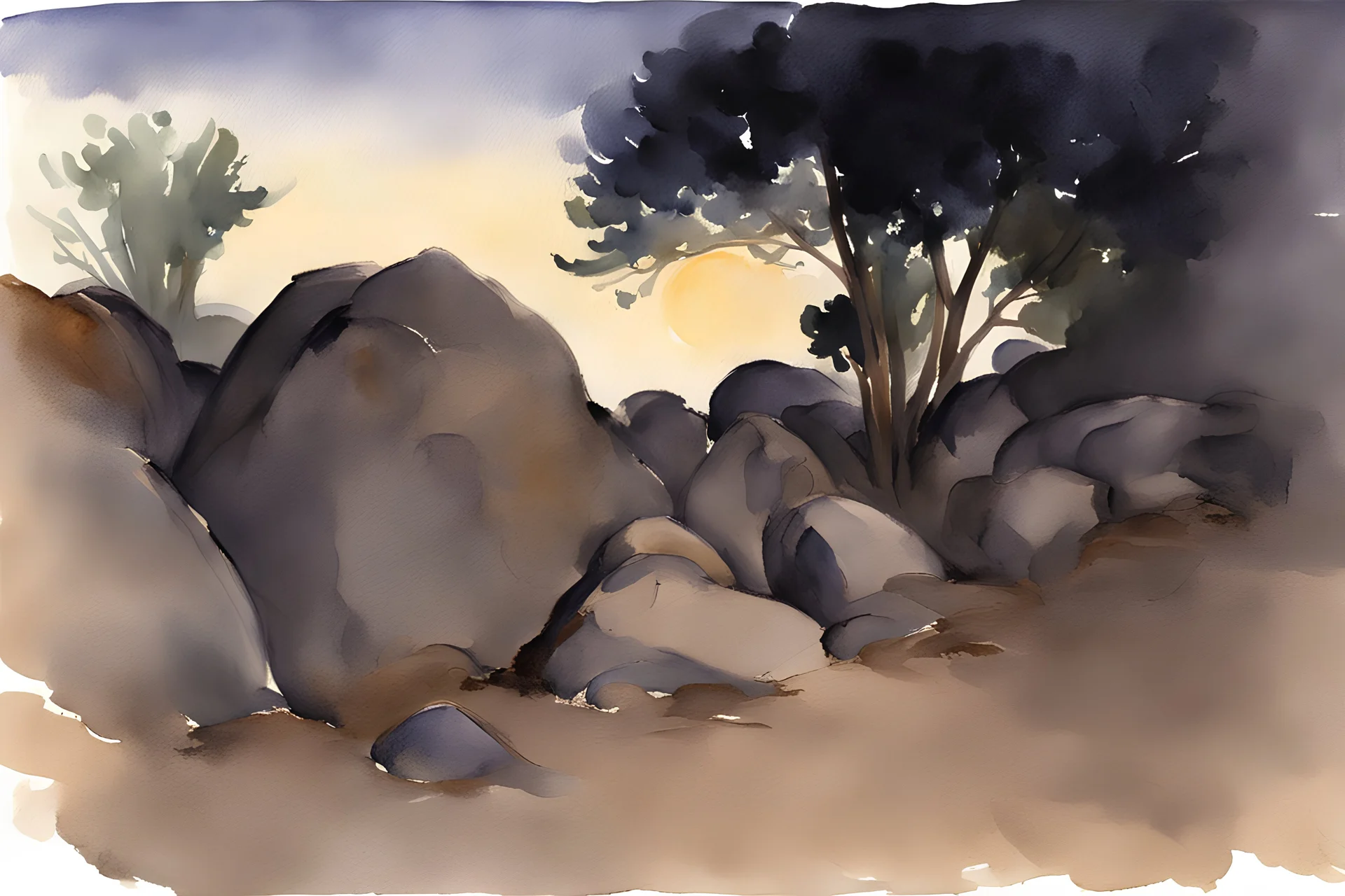 night, rocks, trees, mountains, john singer sargent watercolor paintings