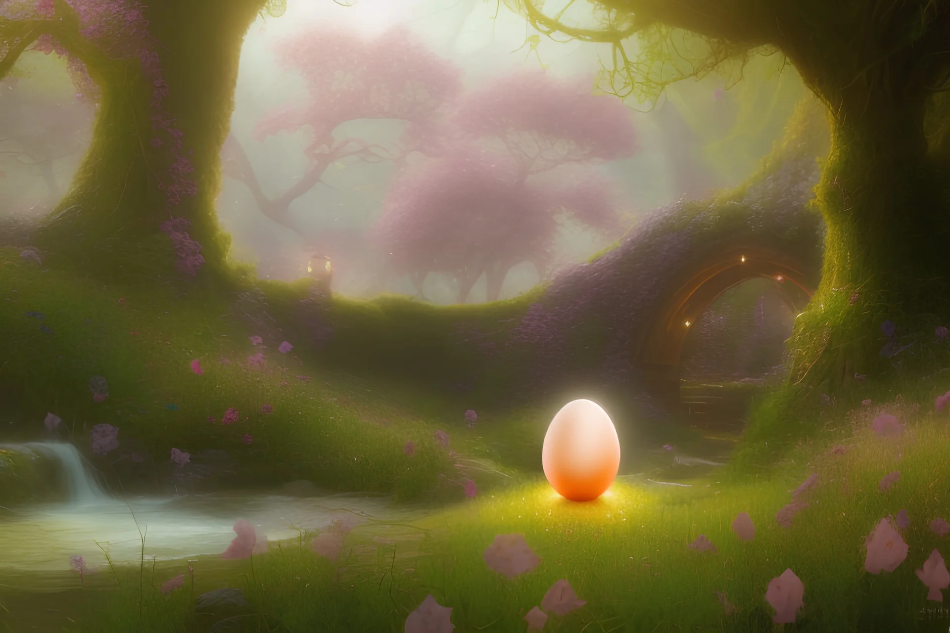 Fantasy magical glowing egg in beatiful spring blosson garden. highly detailed, digital painting, artstation, concept art, smooth, sharp focus, illustration