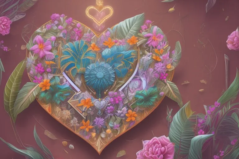 Tropical flowers, realistic heart drawing, crystals, tropical leaves, sacred altar, Fantasy home, cute animal.