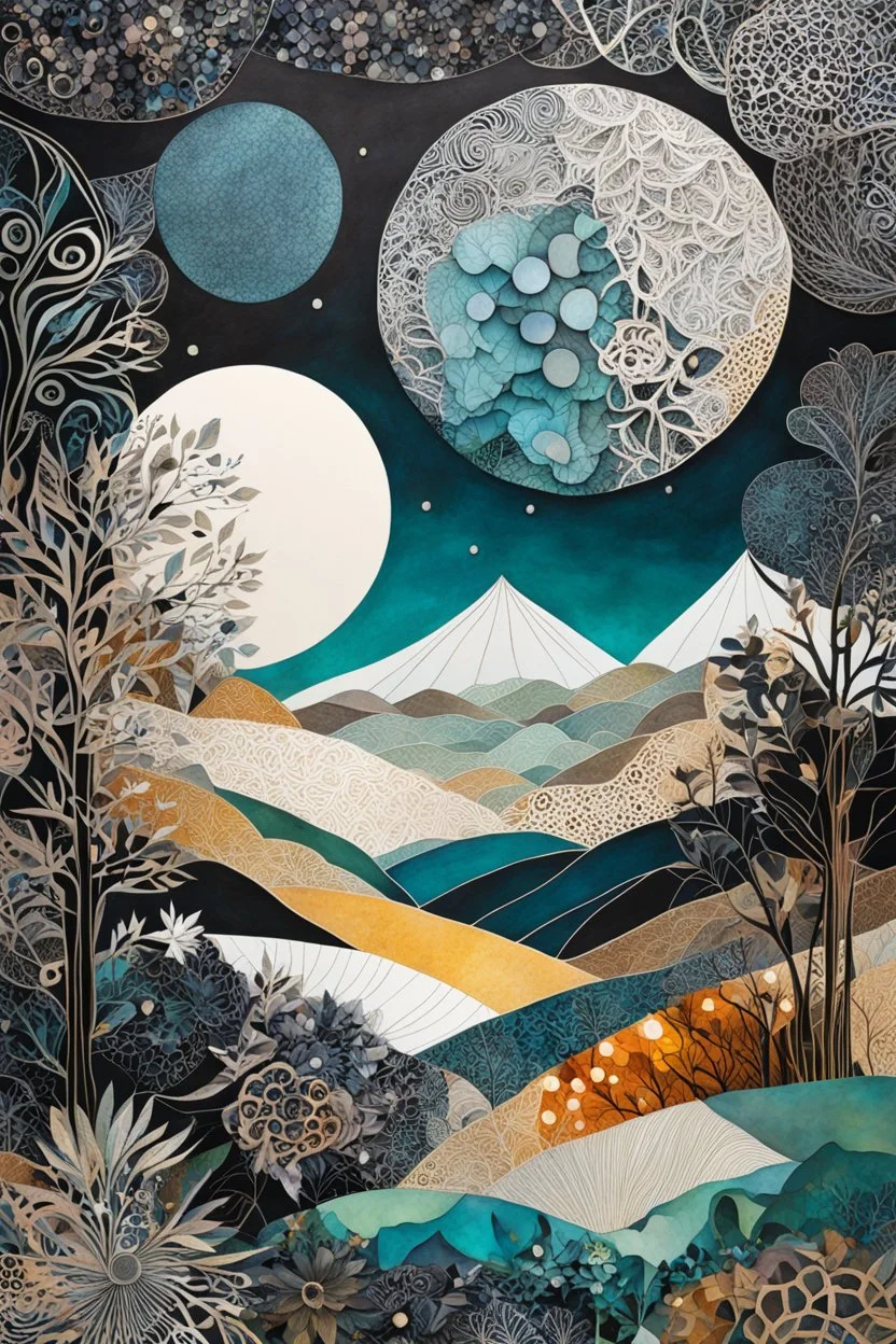 abstract paper collage overlayed with Zentangle patterns that depict the vastly diverse landscape of Nature bathed in pale moonlight, highly detailed, vibrant natural color, with bold ink outlining