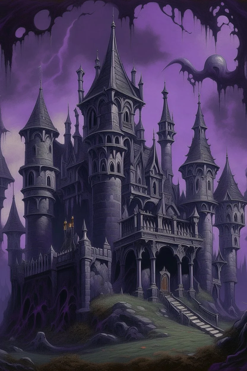 A dark purple haunted vampire castle with ghosts painted by Francis Danby