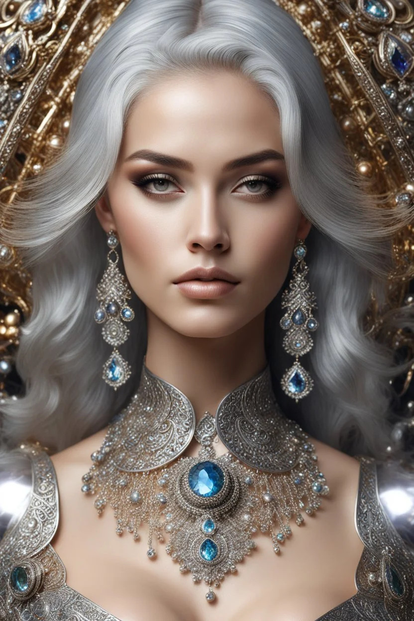 Half body photography ultra realistic portrait natural beauty of young woman, beautiful, shiny hard eyes, make up, shiny baubles, ornate, large gemstones, shiny molten metalics, shiny wire filigree, silver hair, high definition, high res,establishing shot