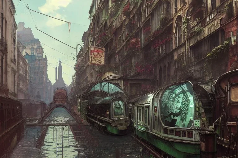 Corner Elevated Train run raid Train Canal River and corner shop greengrocer in colorful Italian street+Gothic city+BioShock+Dishonored+Bloodborne +trieste+Edinburgh+Chicago+victorian London+decòpunk Skyscraper+ +steampunk+biopunk+alphonse mucha, greg rutkowski,matte painting, cryengine, hyper detailed, felix kelly, fantasy art, seb mckinnon