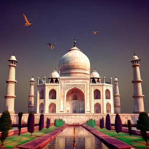 The Taj Mahal, Hindistan, sunset, fantasy art, flying birds, springs, landscape, beautiful, realistic, hyper detailed, unreal engine 5, octane render