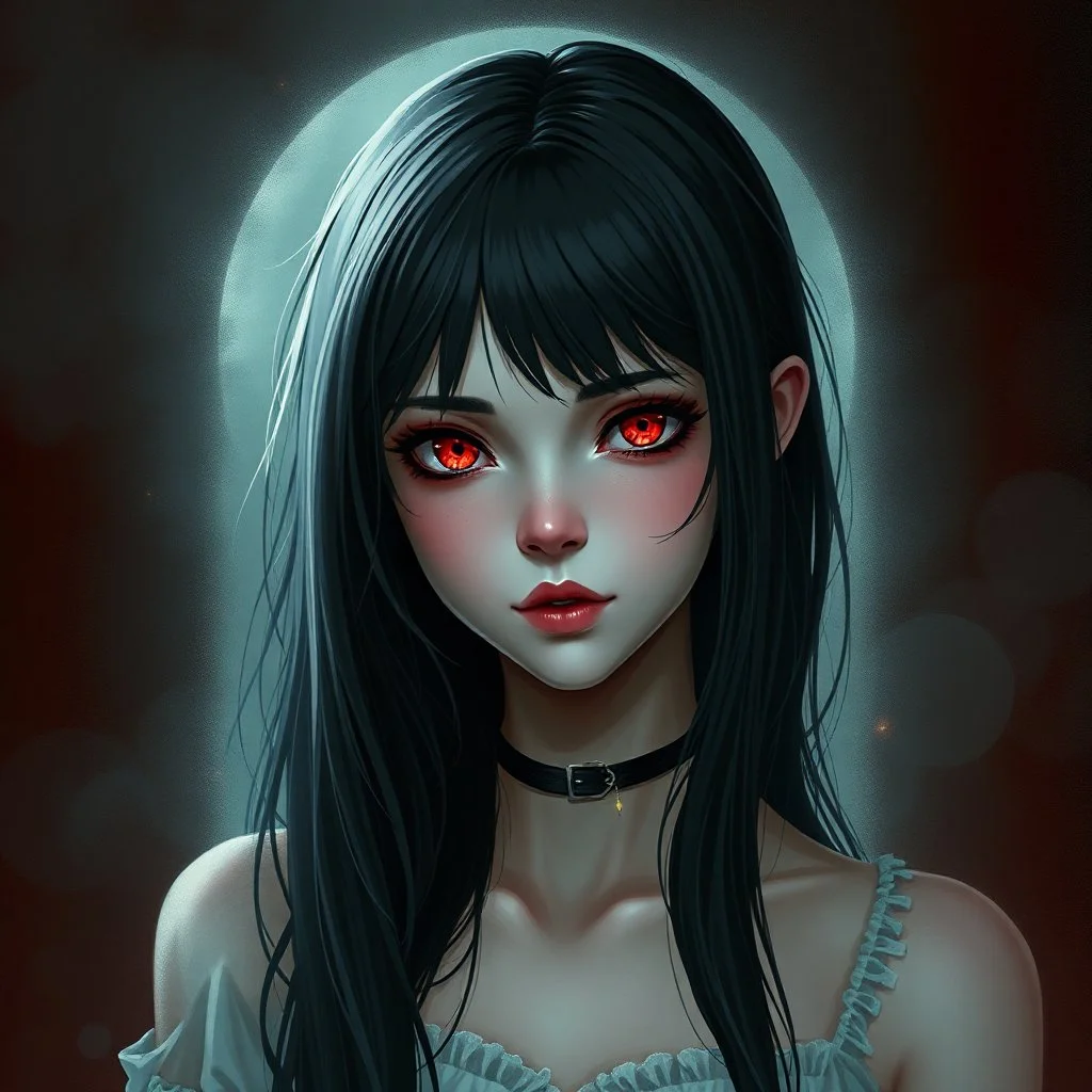 a pretty girl, 14 years old, black hair, vampire, red eyes, realism, stylised, fantasy, mystery