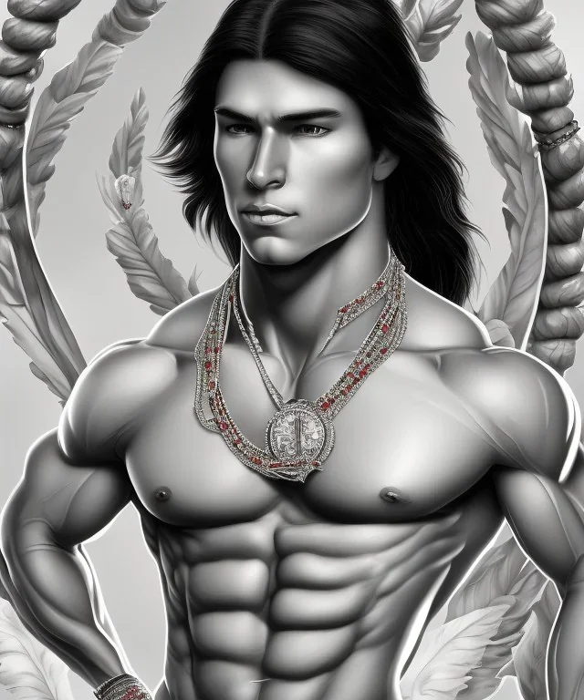 native american warrior, long black hair, big muscles, magic crystal neckless , shirtless