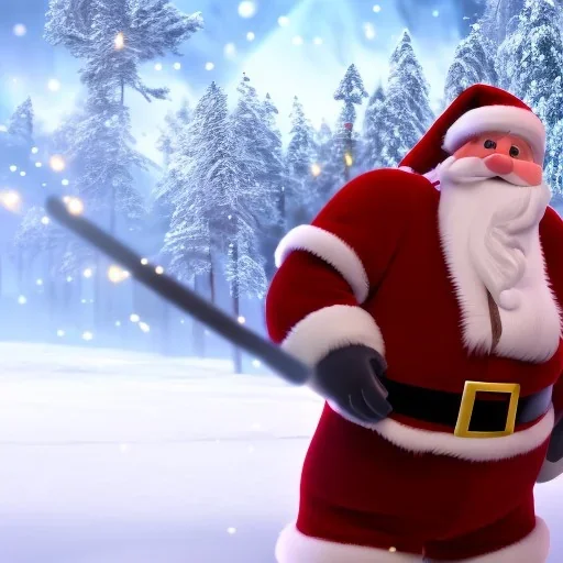 Santa battles a huge snow monster with lightsaber