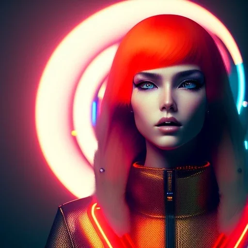 A beautiful portrait of a cute cyberpunk woman orange color scheme, high key lighting, volumetric light high details with white stripes and feathers and celtic paterns