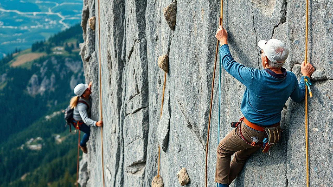 elderly men and women rock climbing, detailed colour photograph