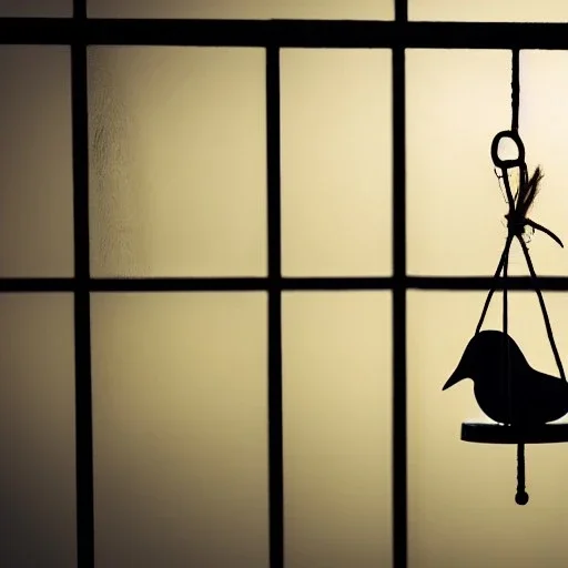 wooden bird in a hanging bell jar, caustic reflections, symmetrical, frosted glass, glossy from rain, bokeh, dramatic lighting