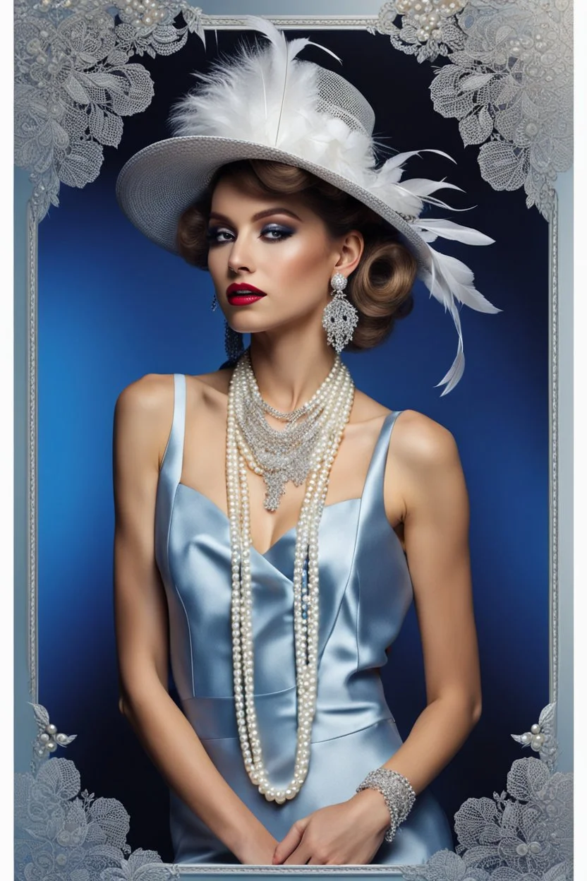 full body beautiful girl, elegant silver,lace clothes of the 80s, luxury style, small elegant hat with feather, hair of the 80s, pearl necklace, earrings masterful, beautiful face,blue backdrop