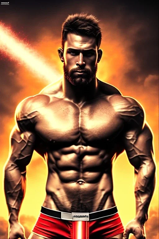 Ignore NSFW, teenager young rugged attractive slightly muscular fantastic handsome man, red briefs with yellow belt, hairy chest, (((visibly pisssing))) briefs, large erect visible boner peniss, photorealistic, artist Jay Anacleto, soft lighting, scruffy beard