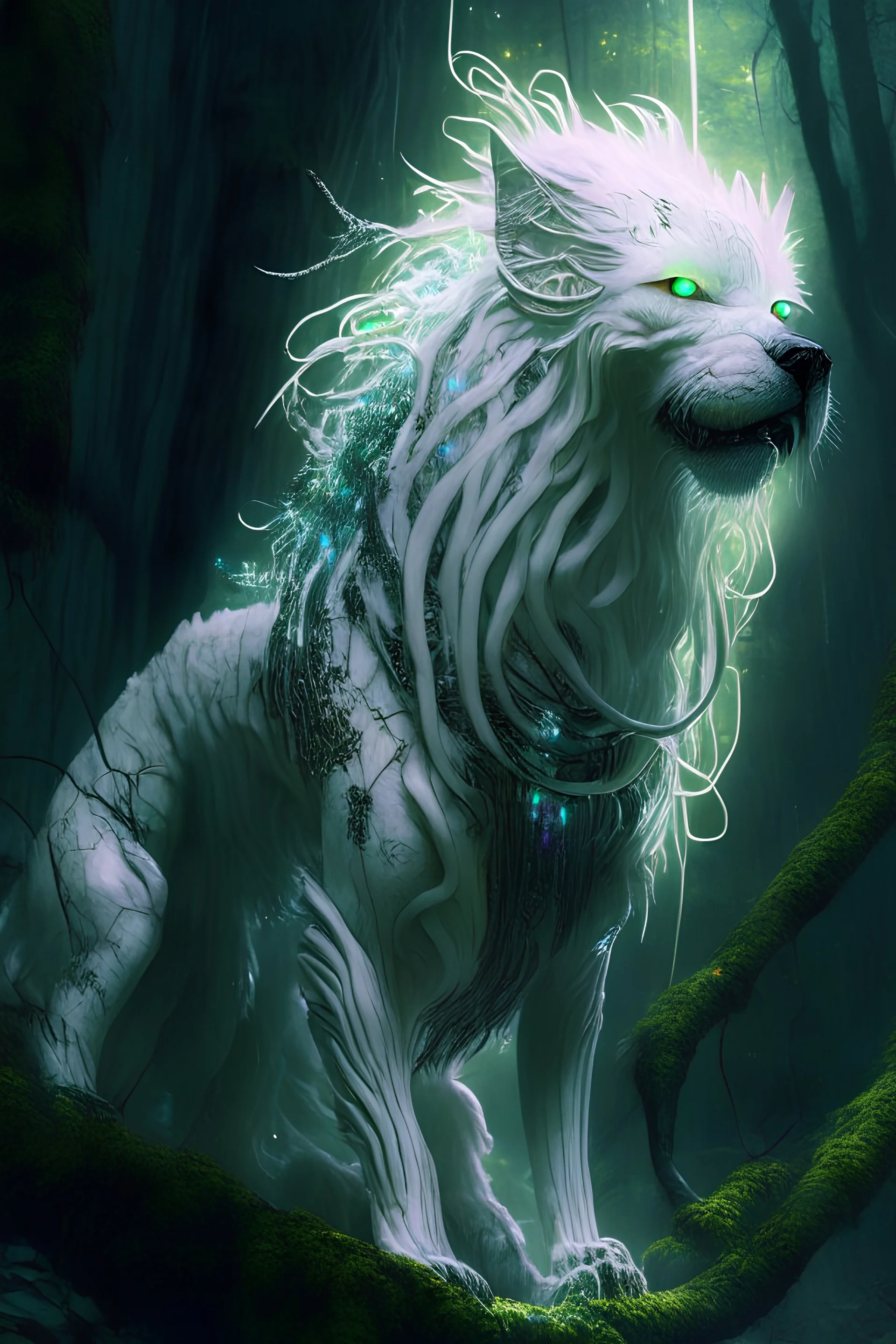 White Dragon lion dog alien , Photojournalism,cyberpunk, rich details, ultra-HD, Intricate, dark forest, high definiton, sMartin Wittfooth, Luigi Spano,