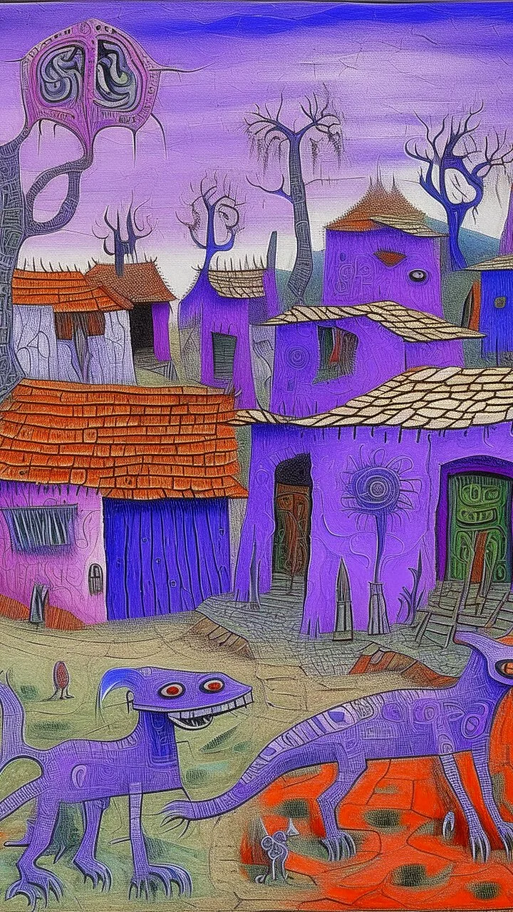 A purple haunted abandoned village covered in ectoplasm designed in Oaxacan alebrijes painted by Max Ernst