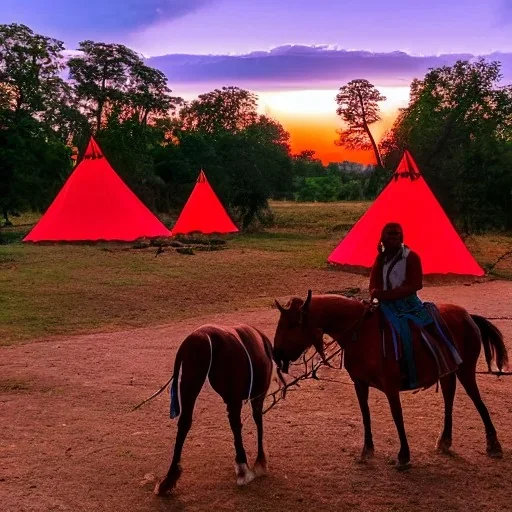 indian on horse and tp tents looking at sunset by river